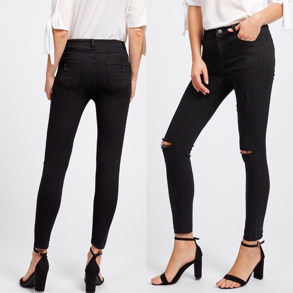 distressed black skinny jeans knee slits - Picture 4 of 5